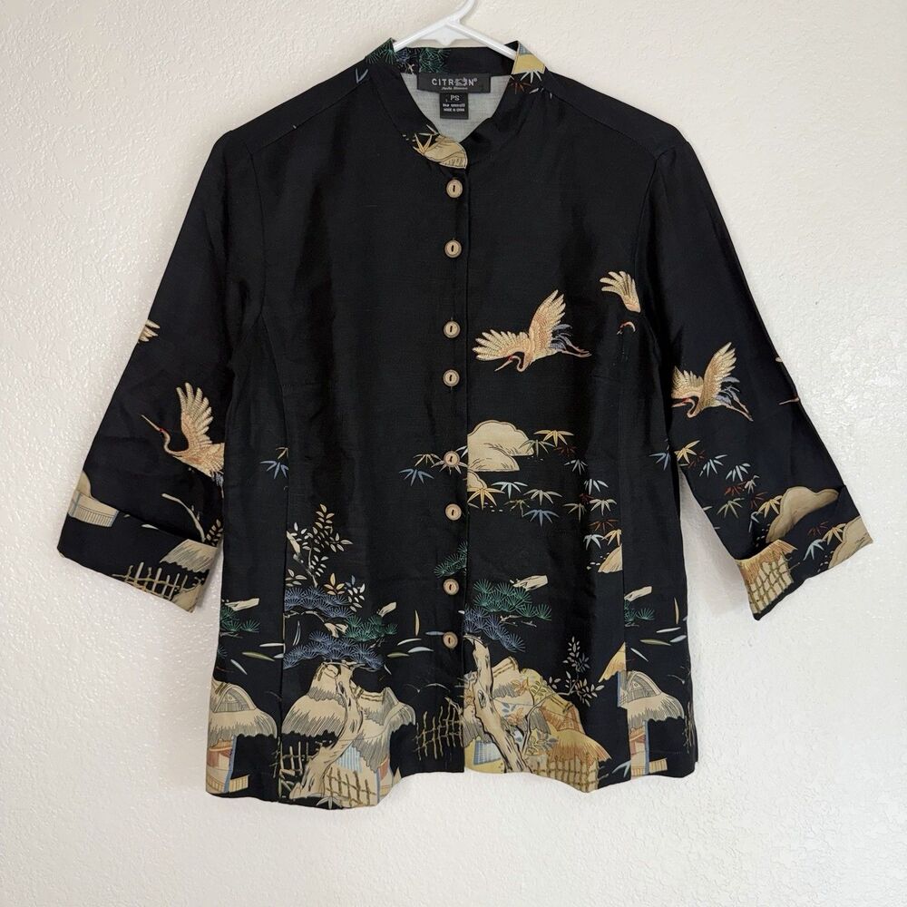Citron Santa Monica Silk Linen Blouse Petite Small Crane Bamboo Wearable Art